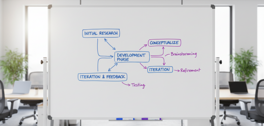 Strategic workflow on whiteboard in office